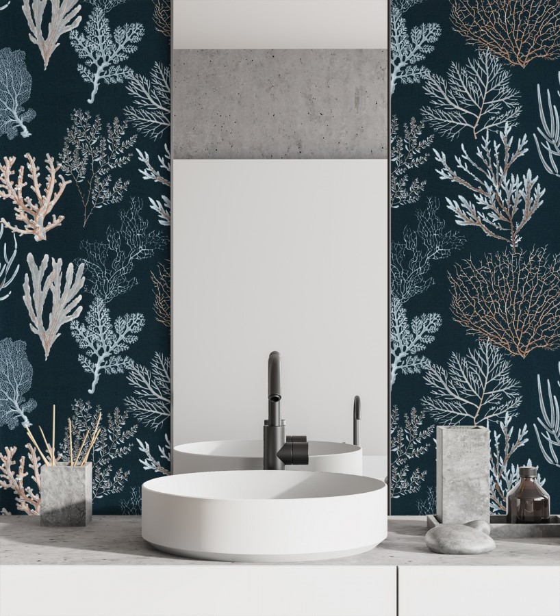 Papel pintado de corales marinos texturizado en tejido fibras de lienzo  Baltic Forest 684530
