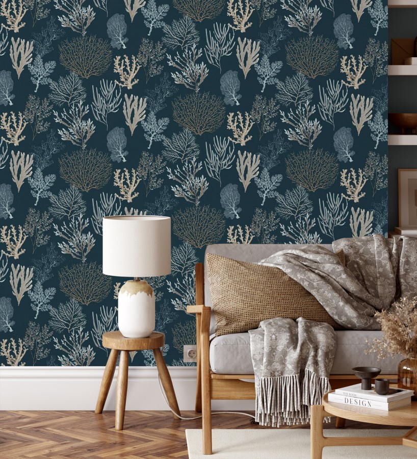 Papel pintado de corales marinos texturizado en tejido fibras de lienzo  Baltic Forest 684530