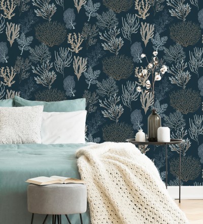 Papel pintado de corales marinos texturizado en tejido fibras de lienzo Baltic Forest 684530