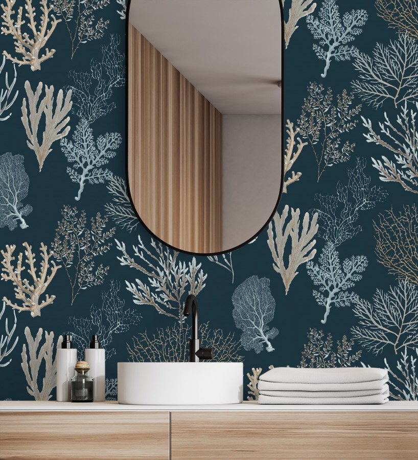 Papel pintado de corales marinos texturizado en tejido fibras de lienzo  Baltic Forest 684530