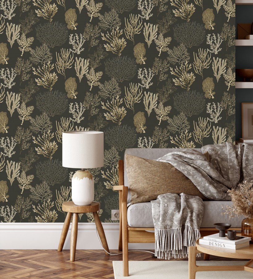 Papel pintado de corales marinos texturizado en tejido fibras de lienzo  Baltic Forest 684533