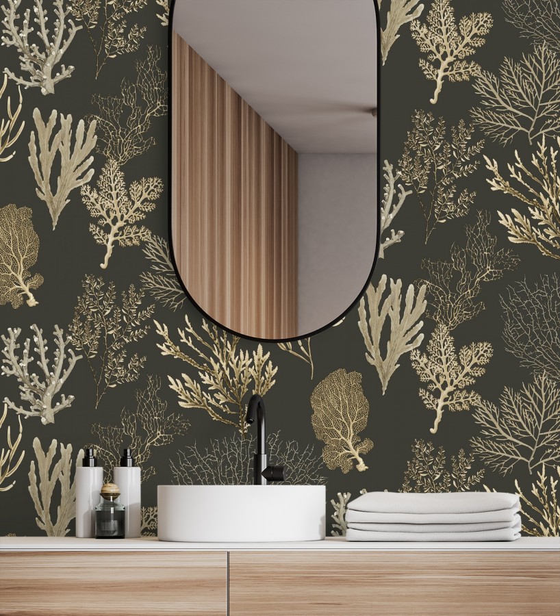 Papel pintado de corales marinos texturizado en tejido fibras de lienzo  Baltic Forest 684533