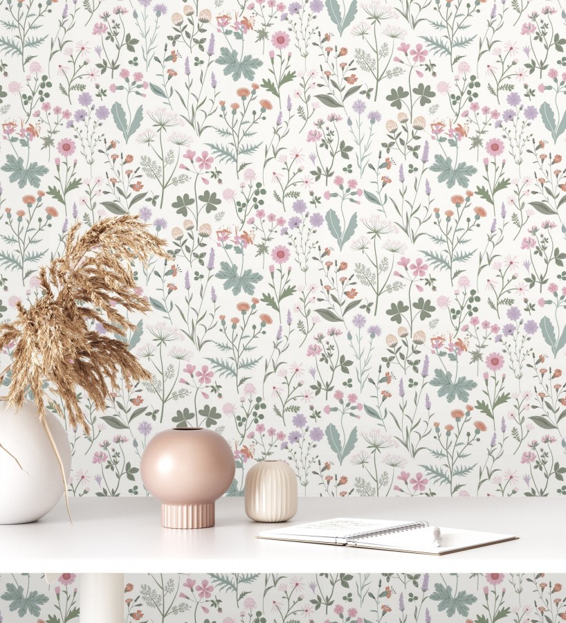 Papel pintado pradera flores silvestres colores rosa y violeta  Yorkshire Floral 684534