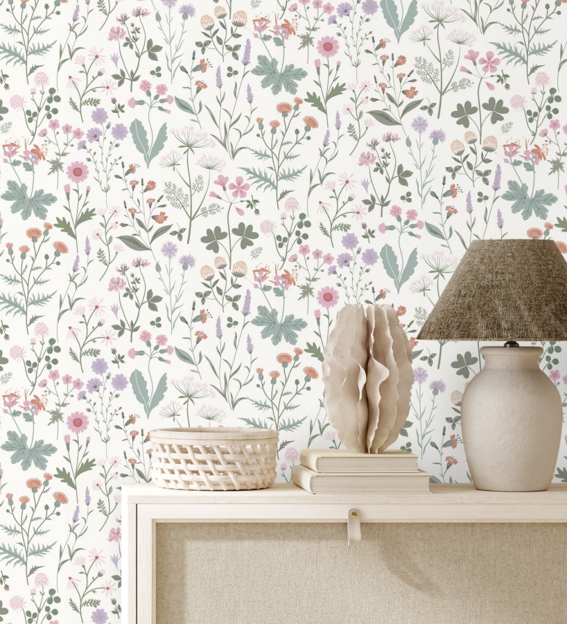 Papel pintado pradera flores silvestres colores rosa y violeta  Yorkshire Floral 684534