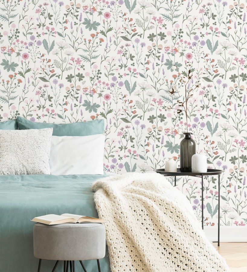 Papel pintado pradera flores silvestres colores rosa y violeta  Yorkshire Floral 684534