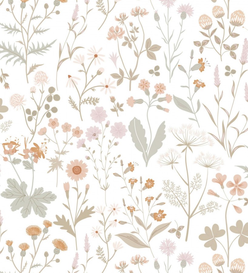 Papel pintado pradera flores silvestres colores ocre y rosa palo  Yorkshire Floral 684535