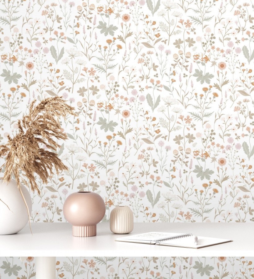 Papel pintado pradera flores silvestres colores ocre y rosa palo  Yorkshire Floral 684535