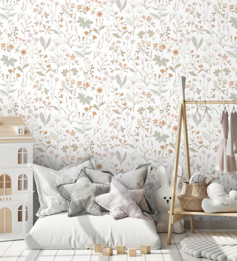 Papel pintado pradera flores silvestres colores ocre y rosa palo  Yorkshire Floral 684535