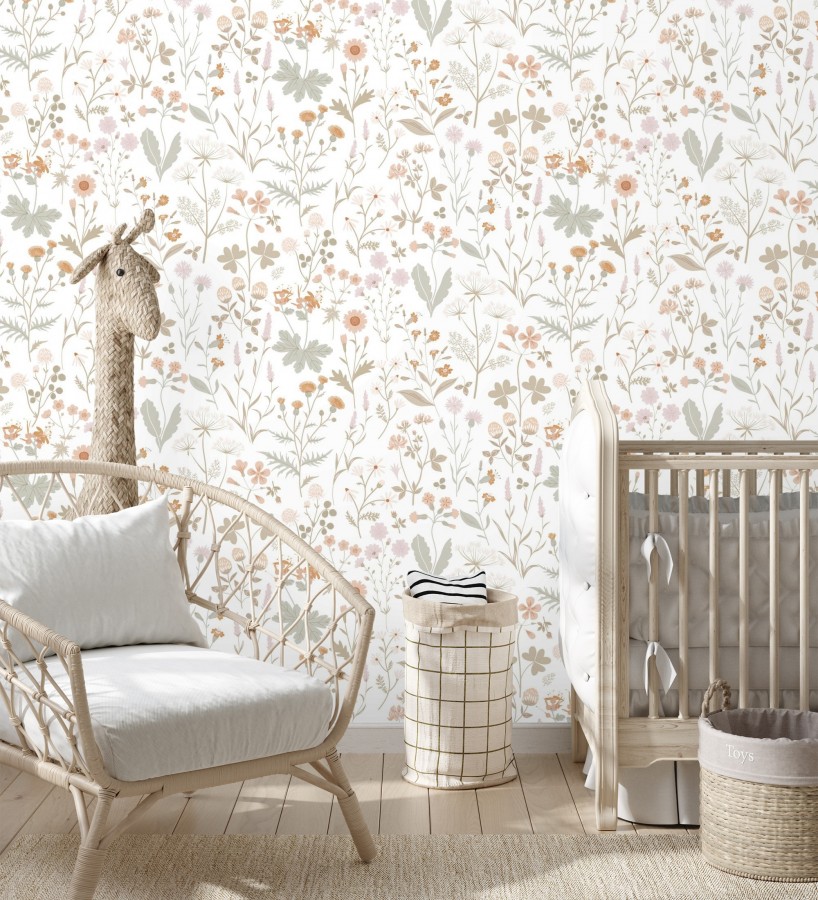 Papel pintado pradera flores silvestres colores ocre y rosa palo  Yorkshire Floral 684535