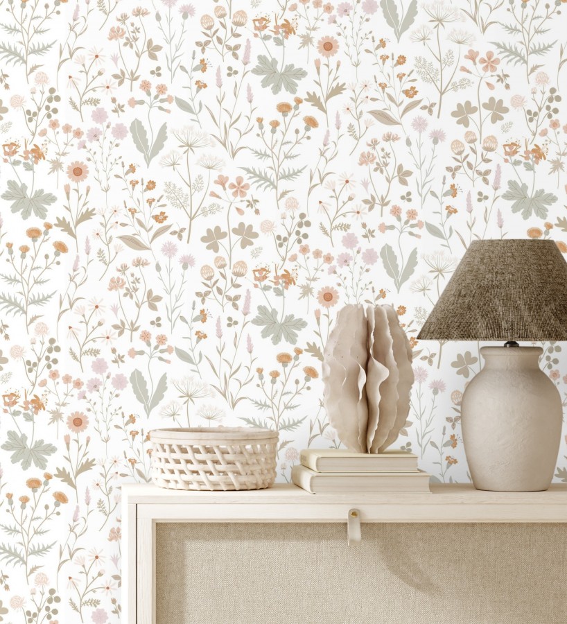 Papel pintado pradera flores silvestres colores ocre y rosa palo  Yorkshire Floral 684535