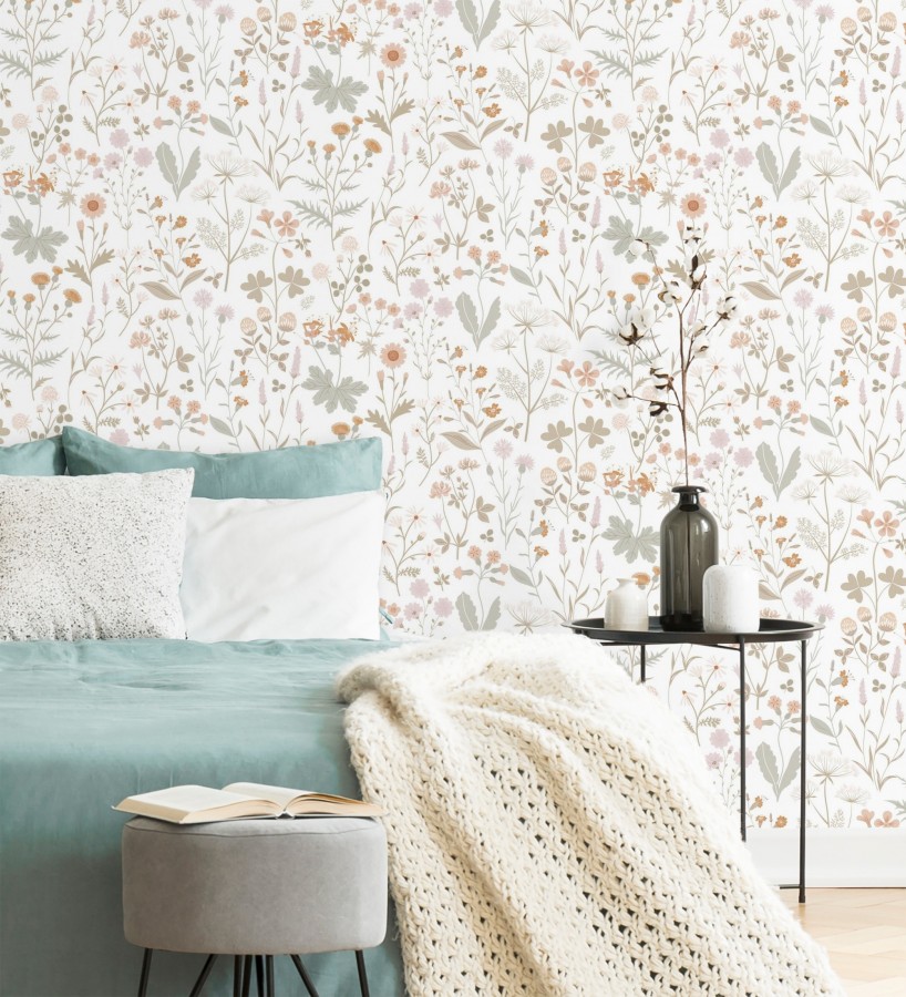 Papel pintado pradera flores silvestres colores ocre y rosa palo  Yorkshire Floral 684535