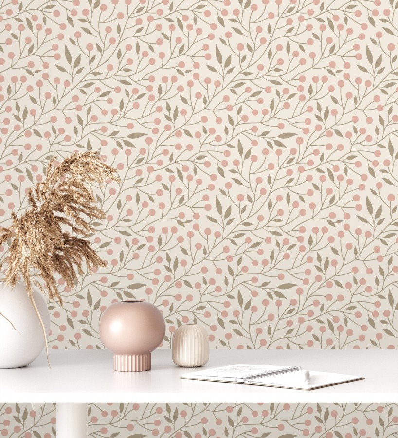 Papel pintado bayas silvestres tonos rosa y topo beige  Lund Nordic 684540