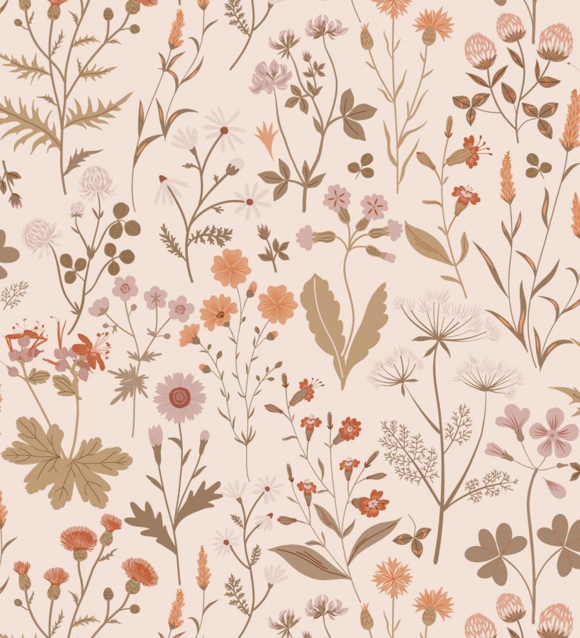 Papel pintado pradera flores silvestres colores naranjas rojos y rosa  Yorkshire Floral 684541