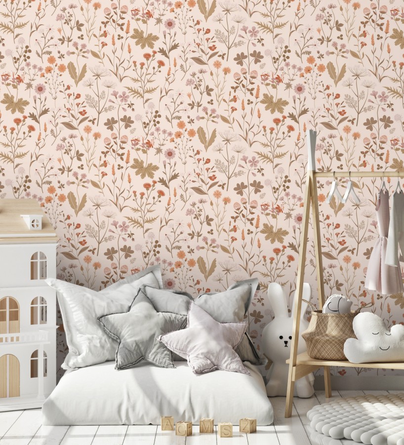 Papel pintado pradera flores silvestres colores naranjas rojos y rosa  Yorkshire Floral 684541