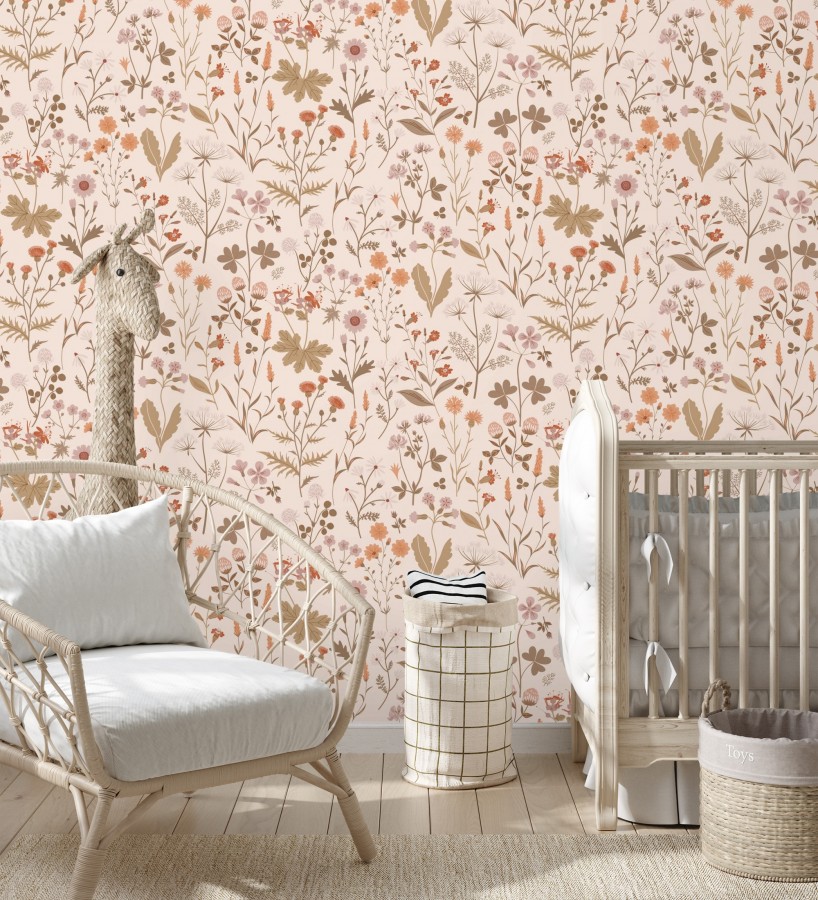 Papel pintado pradera flores silvestres colores naranjas rojos y rosa  Yorkshire Floral 684541