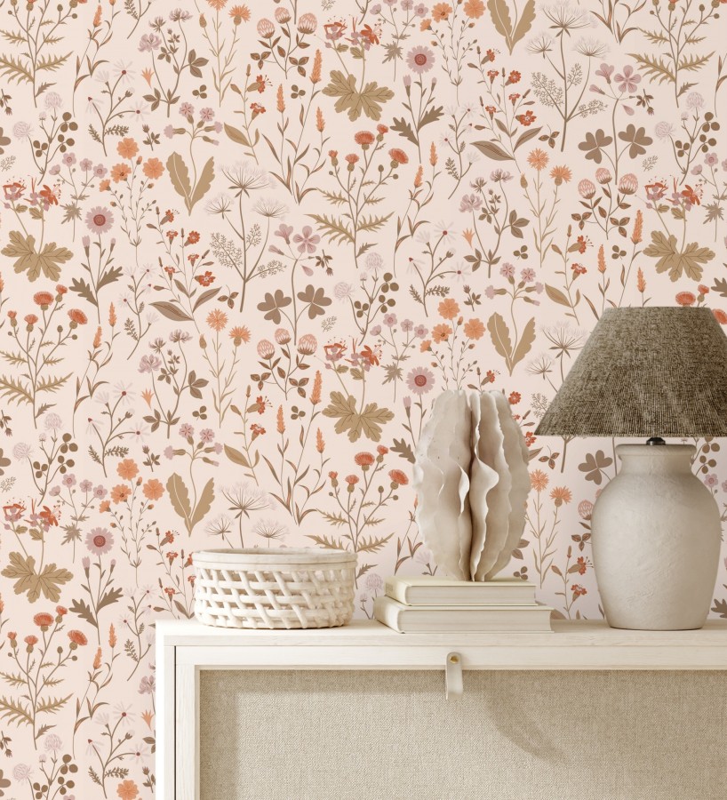 Papel pintado pradera flores silvestres colores naranjas rojos y rosa  Yorkshire Floral 684541