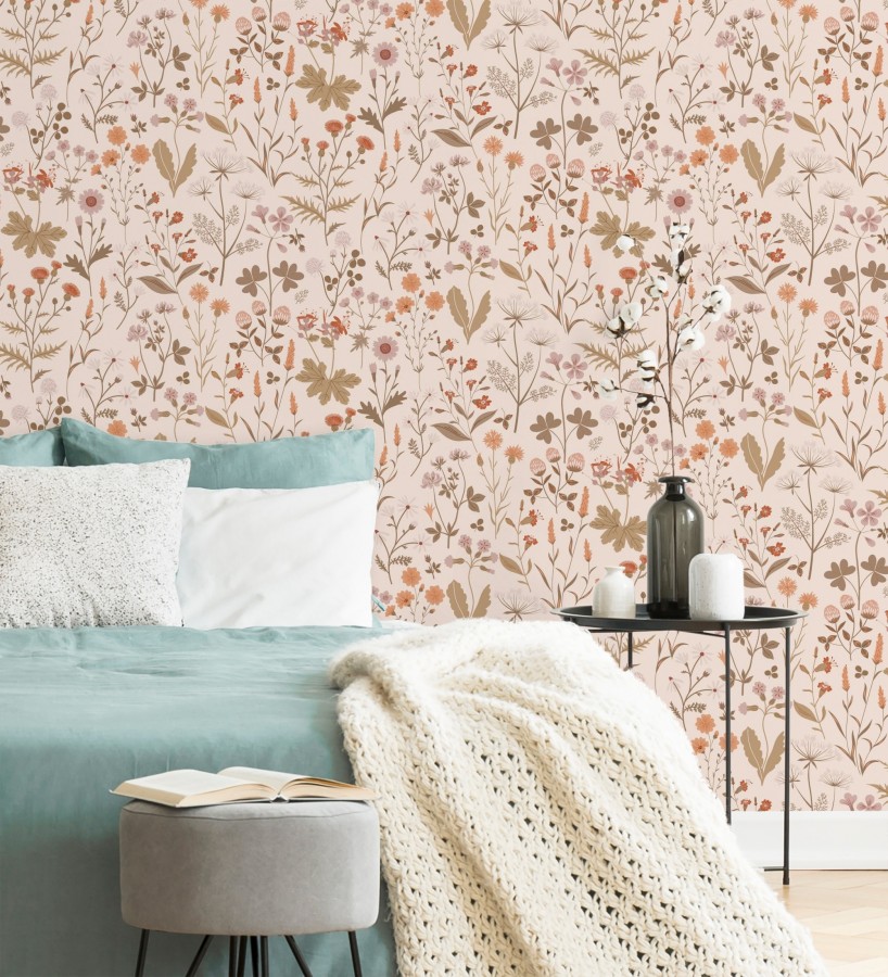 Papel pintado pradera flores silvestres colores naranjas rojos y rosa  Yorkshire Floral 684541
