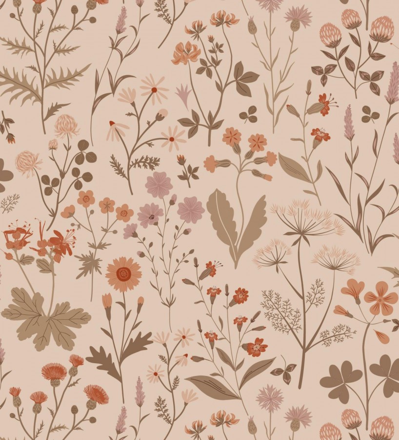 Papel pintado pradera flores silvestres colores naranjas y rosa palo fondo nude  Yorkshire Floral 684542