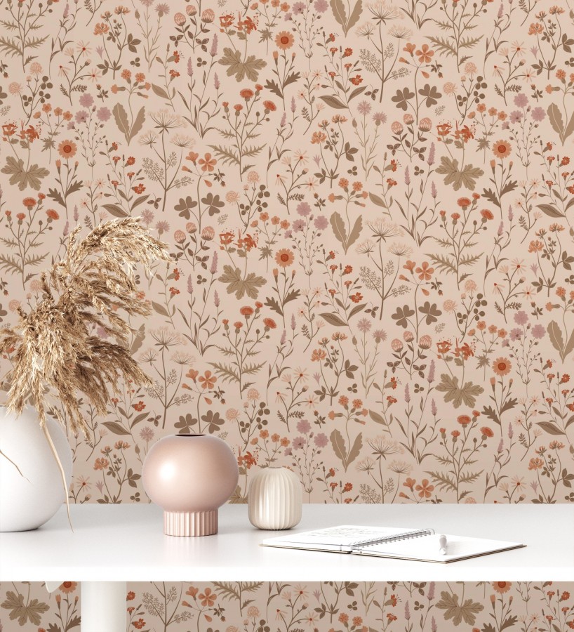 Papel pintado pradera flores silvestres colores naranjas y rosa palo fondo nude  Yorkshire Floral 684542