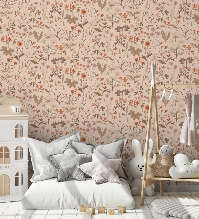 Papel pintado pradera flores silvestres colores naranjas y rosa palo fondo nude  Yorkshire Floral 684542