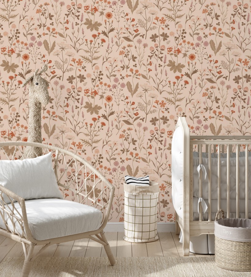 Papel pintado pradera flores silvestres colores naranjas y rosa palo fondo nude  Yorkshire Floral 684542