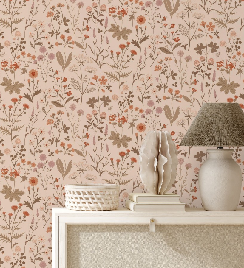 Papel pintado pradera flores silvestres colores naranjas y rosa palo fondo nude  Yorkshire Floral 684542