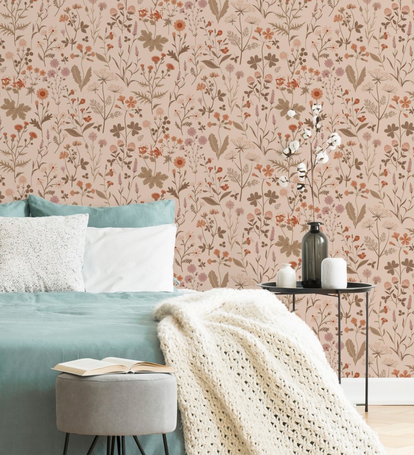 Papel pintado pradera flores silvestres colores naranjas y rosa palo fondo nude  Yorkshire Floral 684542