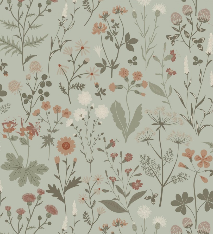 Papel pintado pradera flores silvestres colores naranjas y blanco fondo verde  Yorkshire Floral 684543