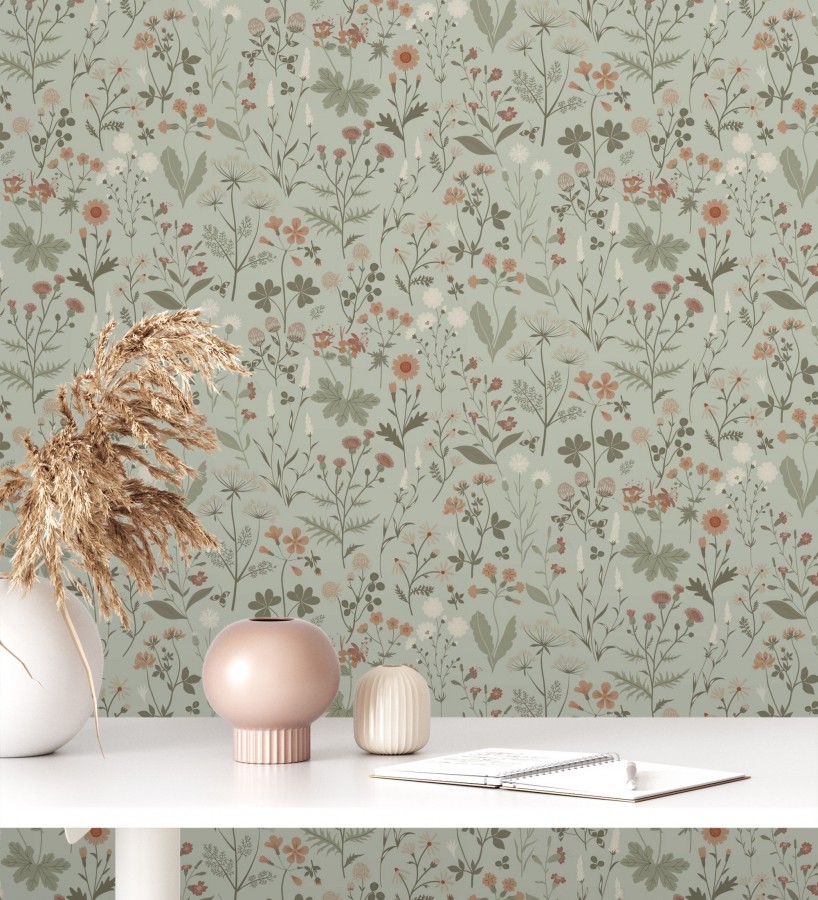Papel pintado pradera flores silvestres colores naranjas y blanco fondo verde  Yorkshire Floral 684543