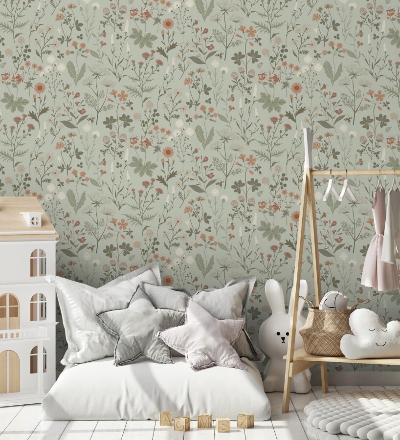 Papel pintado pradera flores silvestres colores naranjas y blanco fondo verde  Yorkshire Floral 684543