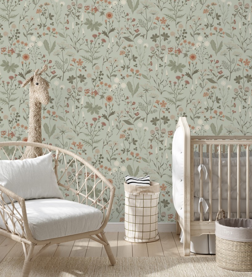 Papel pintado pradera flores silvestres colores naranjas y blanco fondo verde  Yorkshire Floral 684543