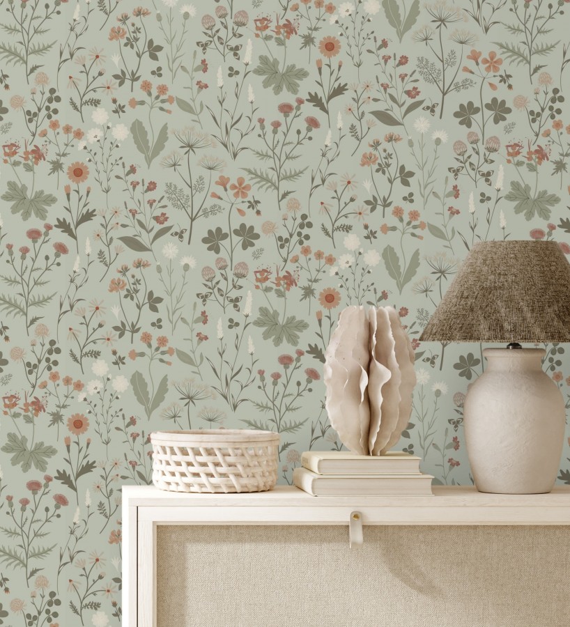 Papel pintado pradera flores silvestres colores naranjas y blanco fondo verde  Yorkshire Floral 684543