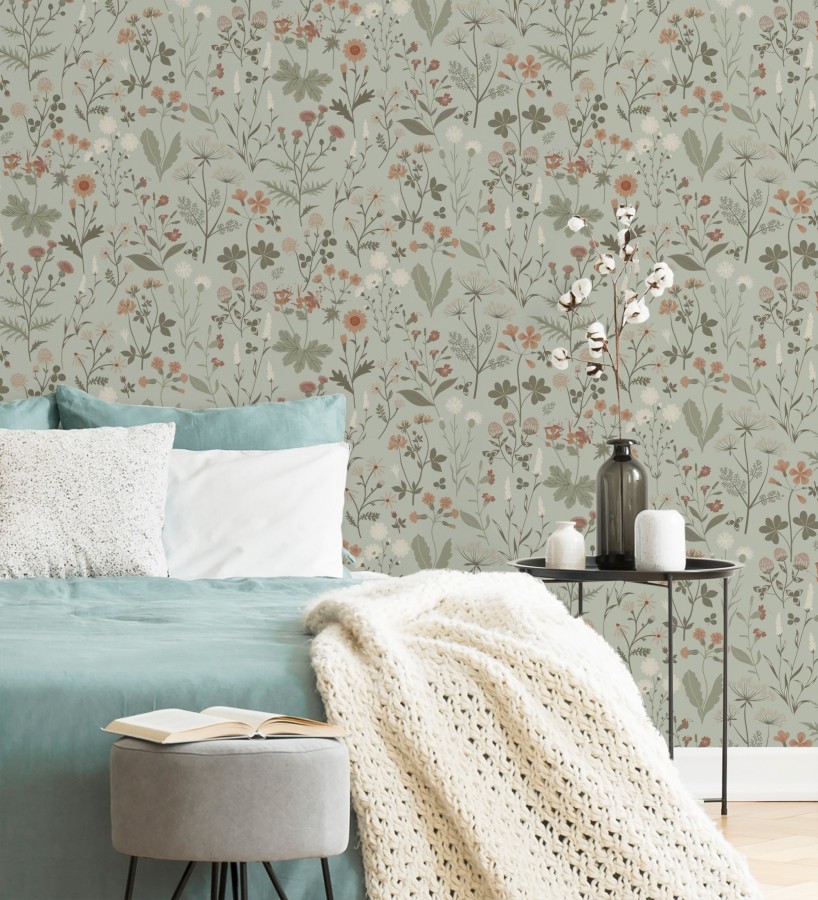 Papel pintado pradera flores silvestres colores naranjas y blanco fondo verde  Yorkshire Floral 684543