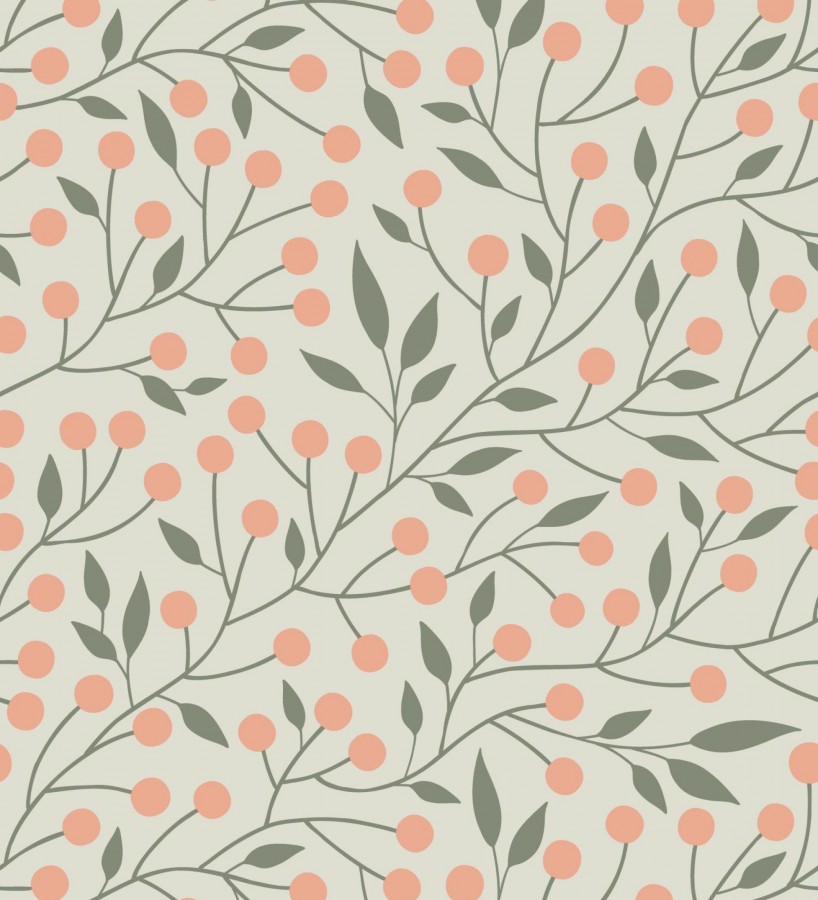 Papel pintado bayas silvestres tonos coral y verde  Lund Nordic 684544