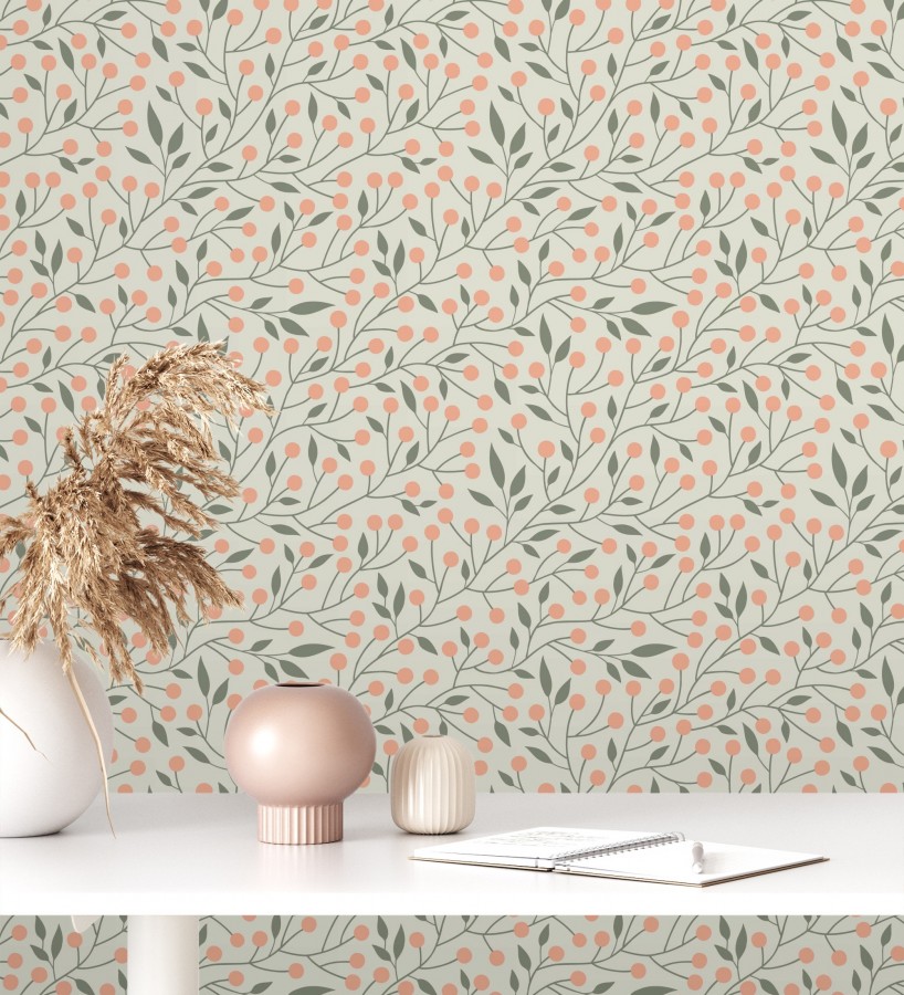 Papel pintado bayas silvestres tonos coral y verde  Lund Nordic 684544