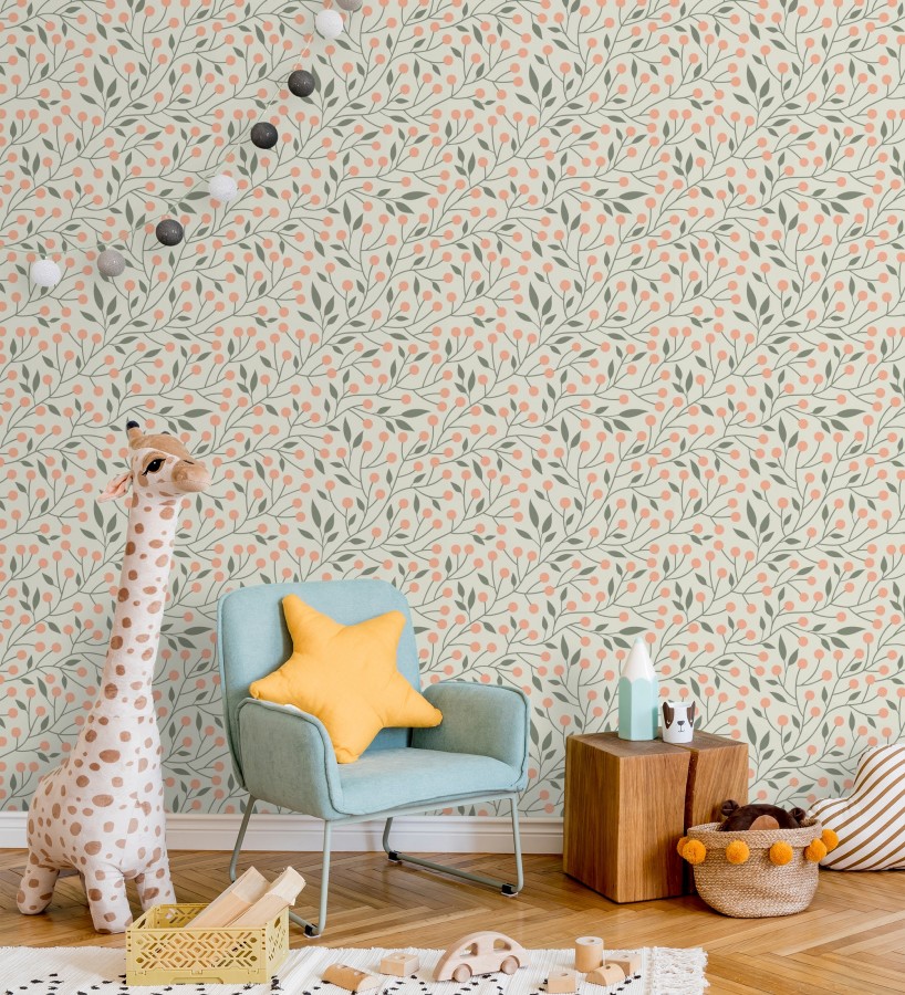 Papel pintado bayas silvestres tonos coral y verde  Lund Nordic 684544