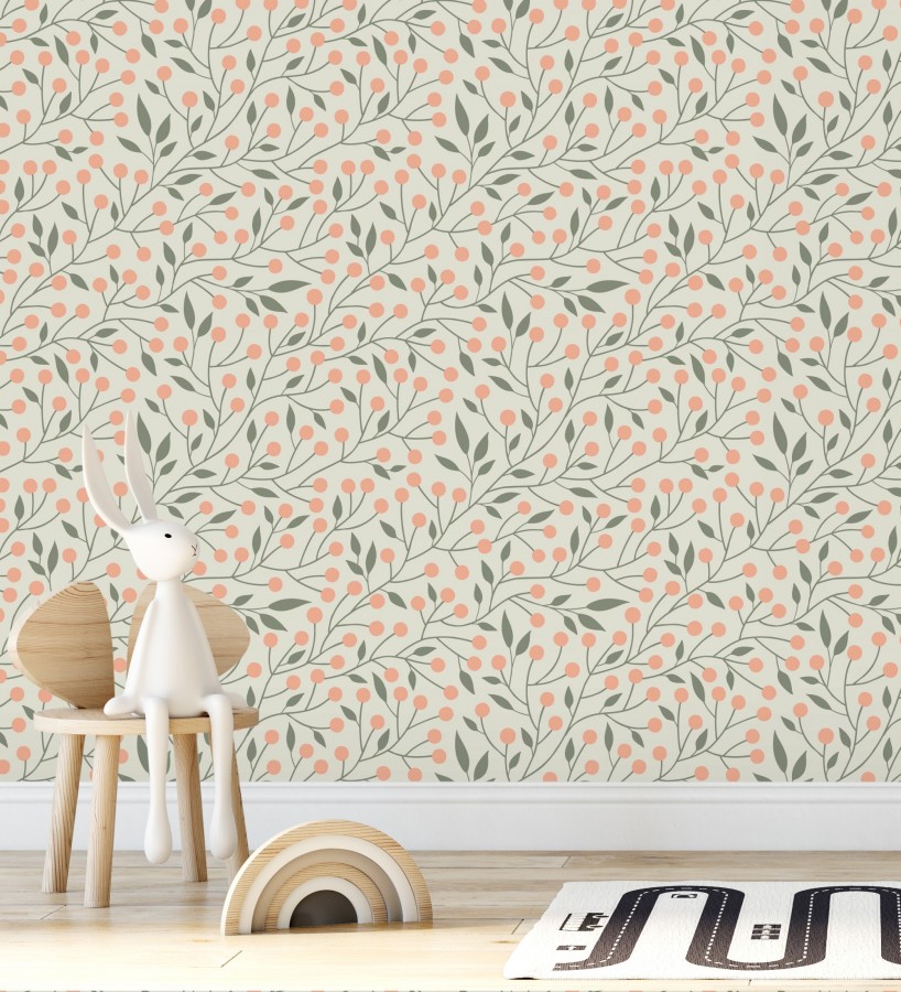 Papel pintado bayas silvestres tonos coral y verde  Lund Nordic 684544
