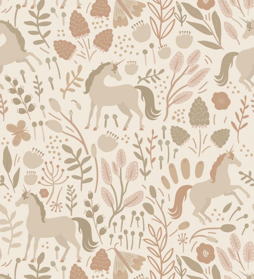 Papel pintado unicornios en jardín místico fondo beige  Sherwood Unicorns 684549