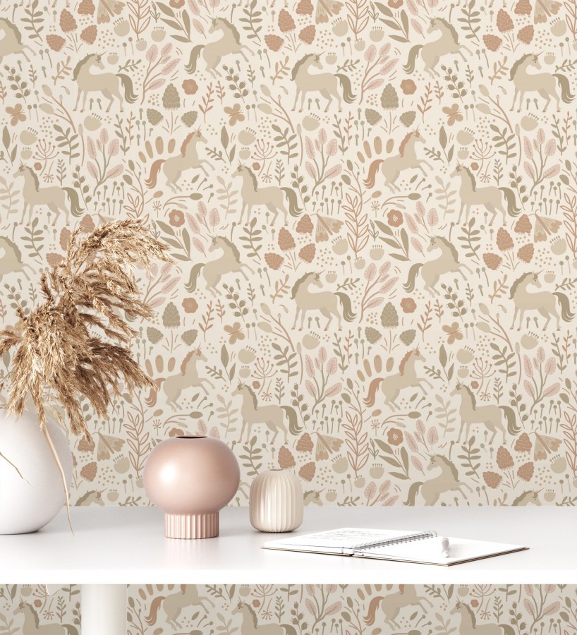 Papel pintado unicornios en jardín místico fondo beige  Sherwood Unicorns 684549