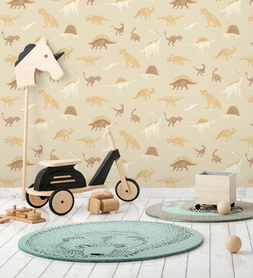 Papel pintado jurásico de dinosaurios fondo camel  Yukon Jurassic 684556