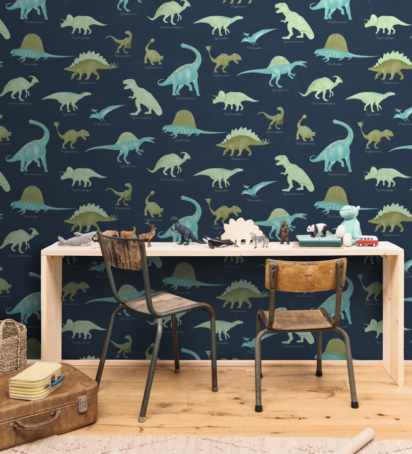 Papel pintado jurásico de dinosaurios fondo azul noche  Yukon Jurassic 684557