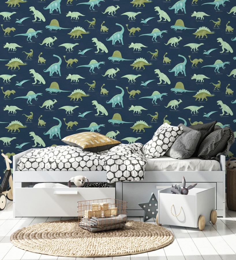 Papel pintado jurásico de dinosaurios fondo azul noche  Yukon Jurassic 684557