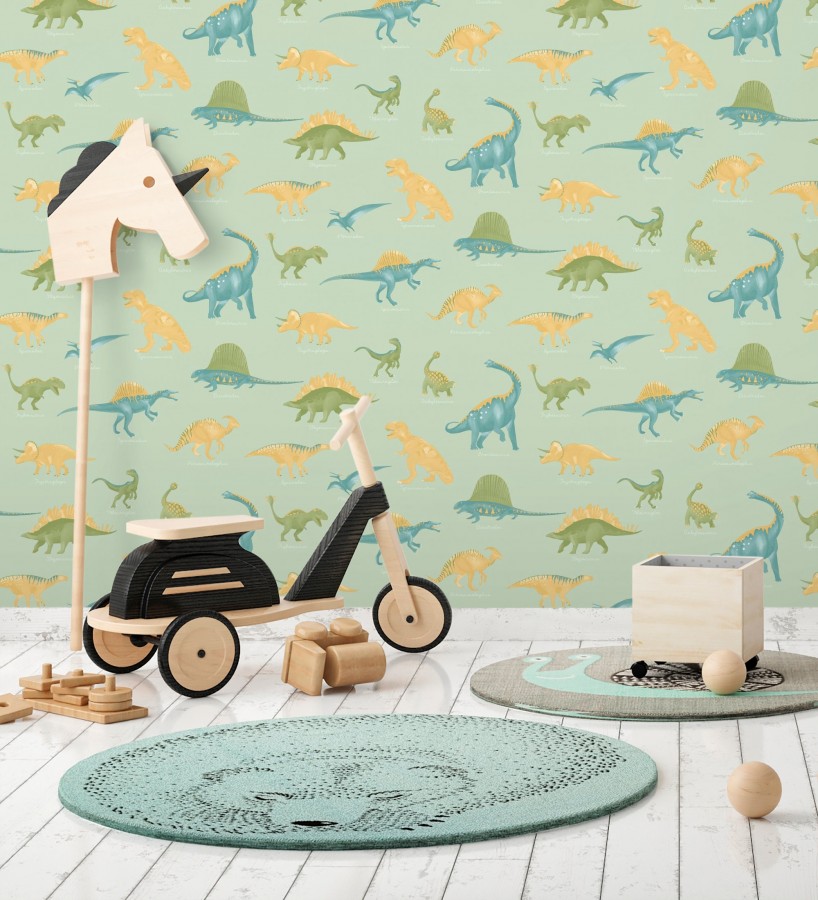 Papel pintado jurásico de dinosaurios fondo verde menta  Yukon Jurassic 684558