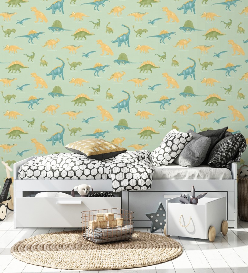 Papel pintado jurásico de dinosaurios fondo verde menta  Yukon Jurassic 684558