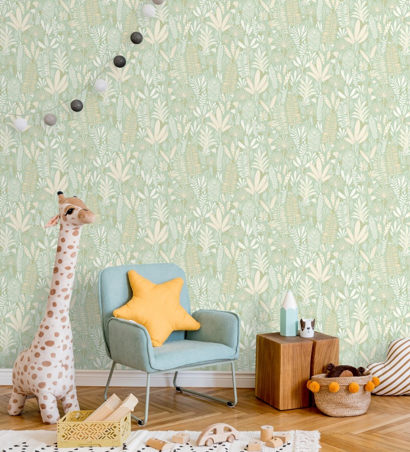Papel pintado de hojas tropicales en tonos verde y crema  Arauca Leafy 684561