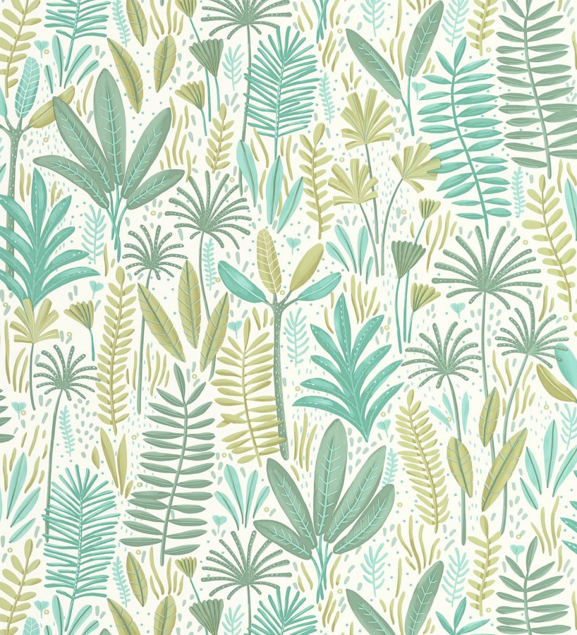 Papel pintado de hojas tropicales en tonos turquesa y verde  Arauca Leafy 684562