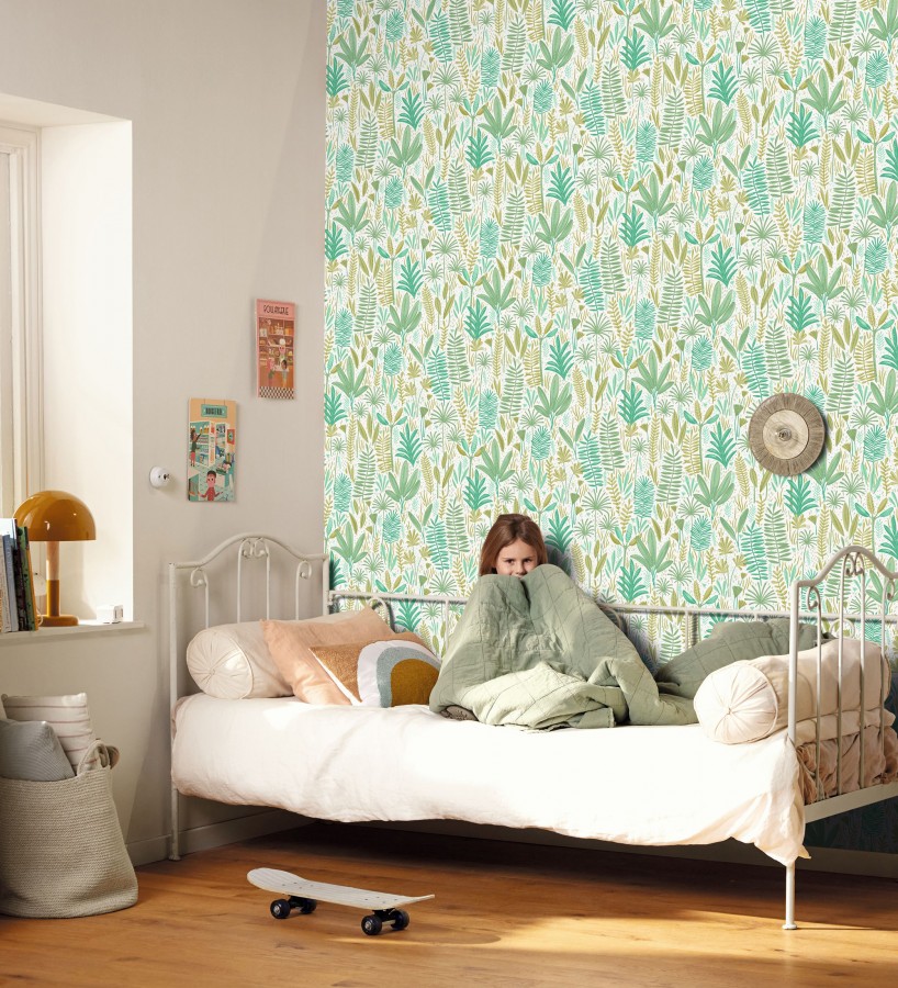 Papel pintado de hojas tropicales en tonos turquesa y verde  Arauca Leafy 684562