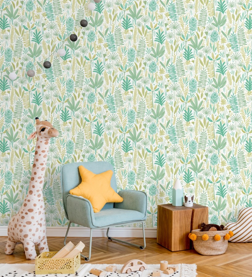 Papel pintado de hojas tropicales en tonos turquesa y verde  Arauca Leafy 684562