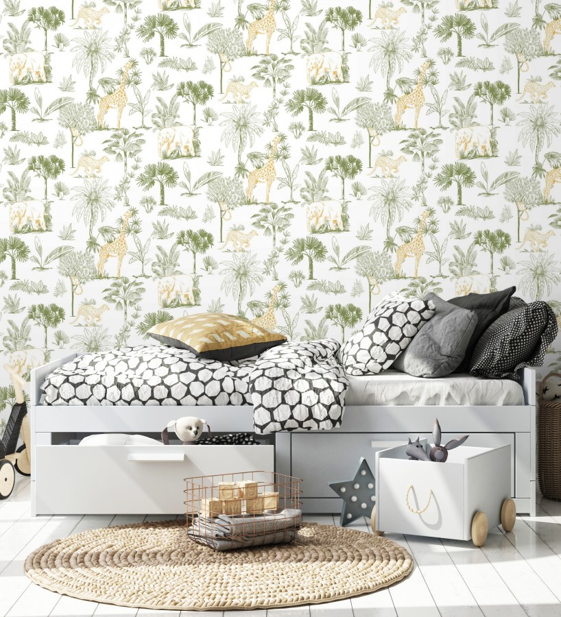 Papel pintado de palmeras con jirafas guepardos elefantes y lémures  Oliver Safari 684564