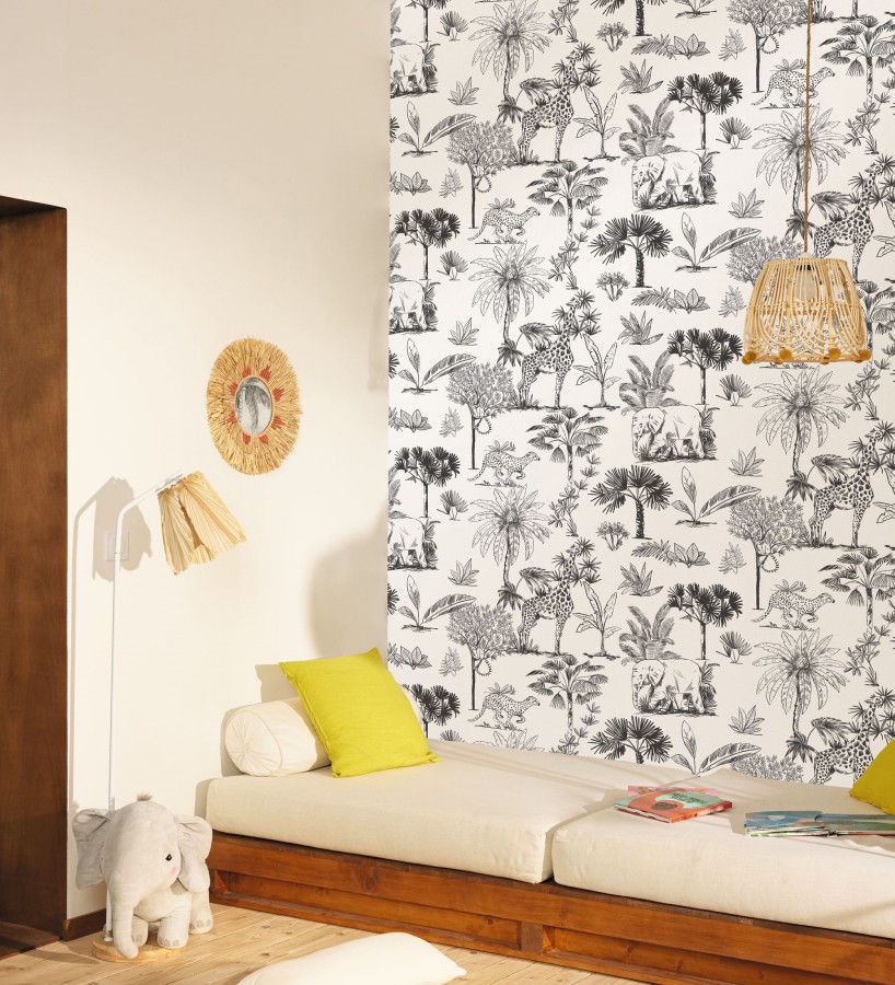 Papel pintado de palmeras con jirafas guepardos elefantes y lémures  Oliver Safari 684565